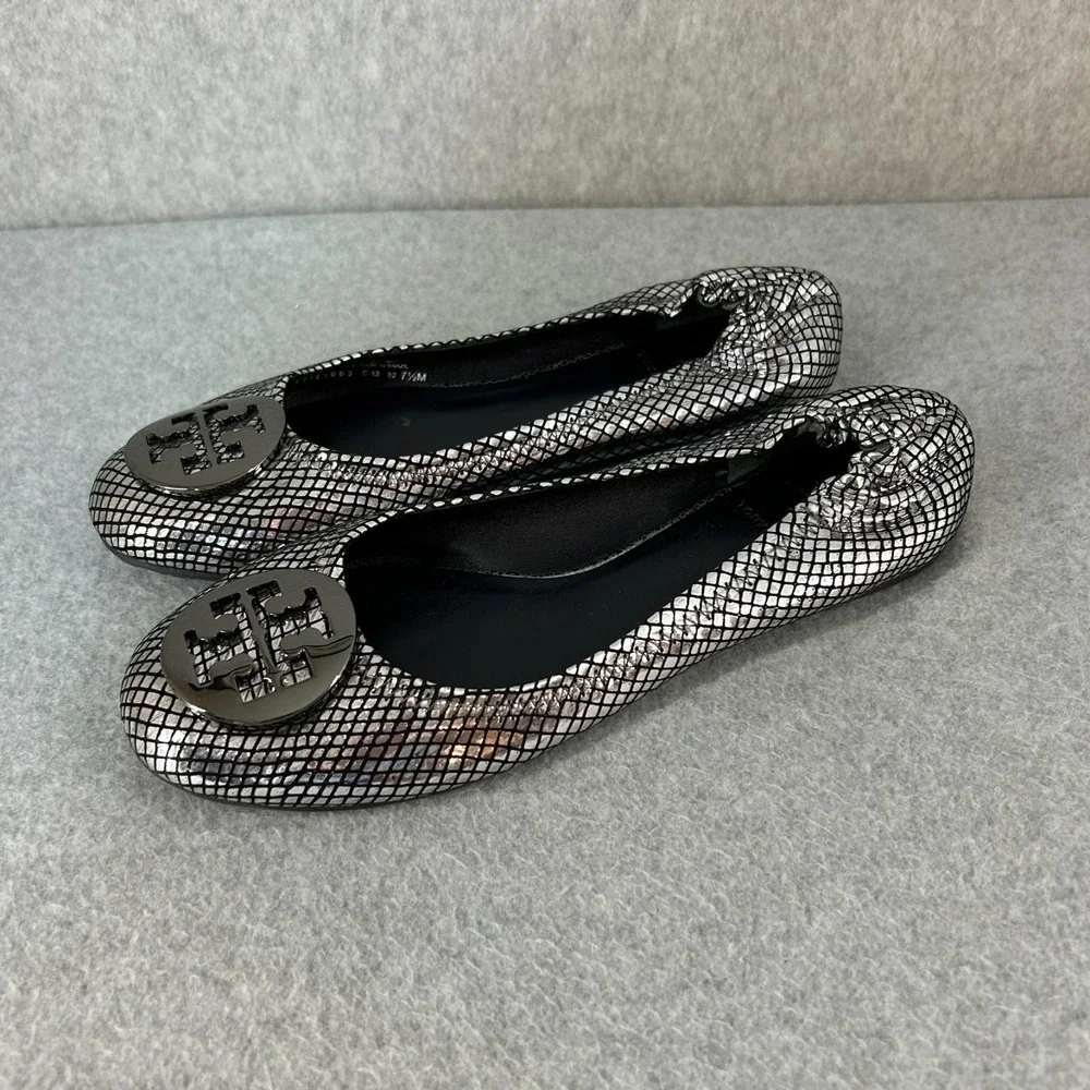 Tory Burch Platinum Silver Embossed Reva Leather Flats Slip On Shoes Size 7.5 M